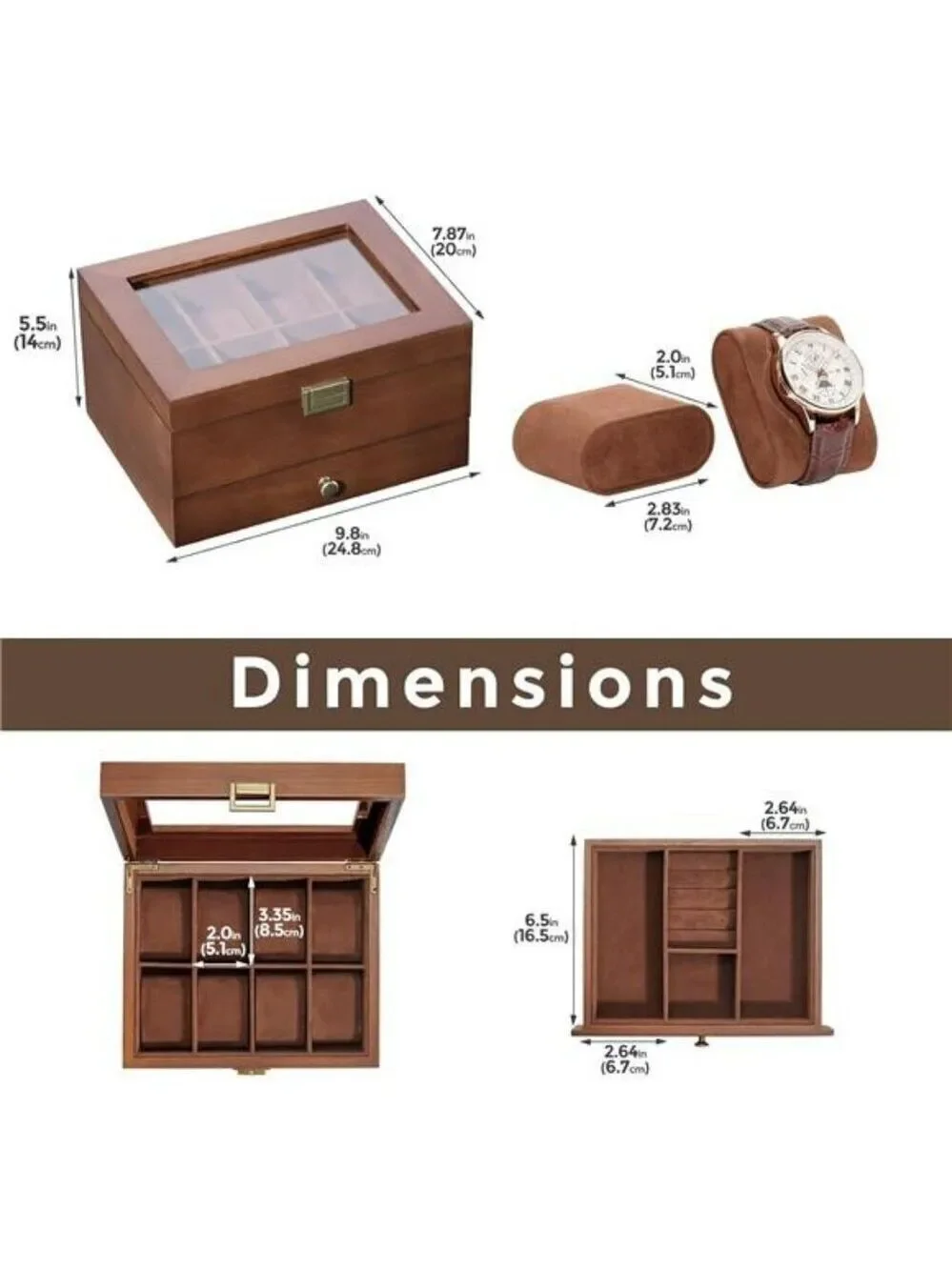 Wood Watch Box for Men 8 Slot Display Case with Drawer Jewelry Organizer